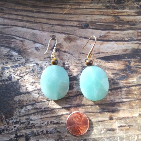 SOLD! Tiger Eye on Aventurine Statement Earrings - Picture 2 of 2